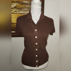 Vintage 1990s Brown Shortsleeve Button Front Belted Top Mixed Blues